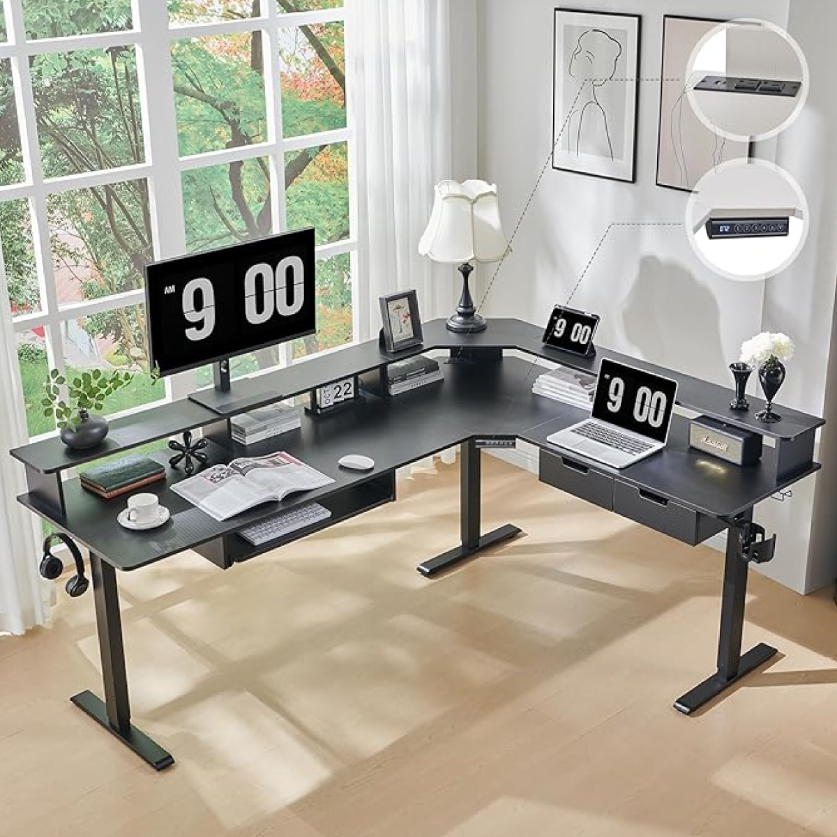 L Shaped Standing Desk, Corner Gaming Desk with Drawers, Power Outlets & LED Lights, Computer Desk with Monitor Shelf - Image 6