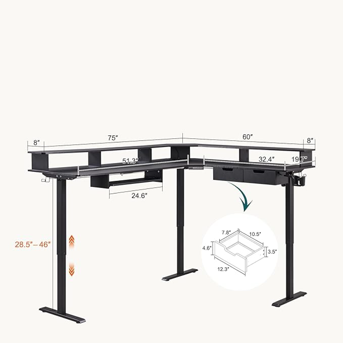 L Shaped Standing Desk, Corner Gaming Desk with Drawers, Power Outlets & LED Lights, Computer Desk with Monitor Shelf - Image 5