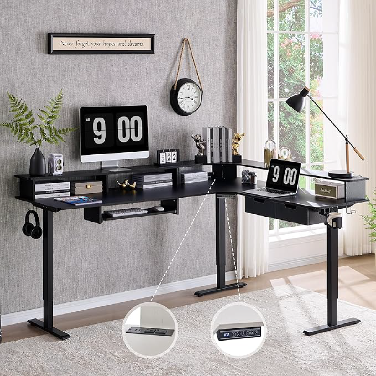 L Shaped Standing Desk, Corner Gaming Desk with Drawers, Power Outlets & LED Lights, Computer Desk with Monitor Shelf - Image 4