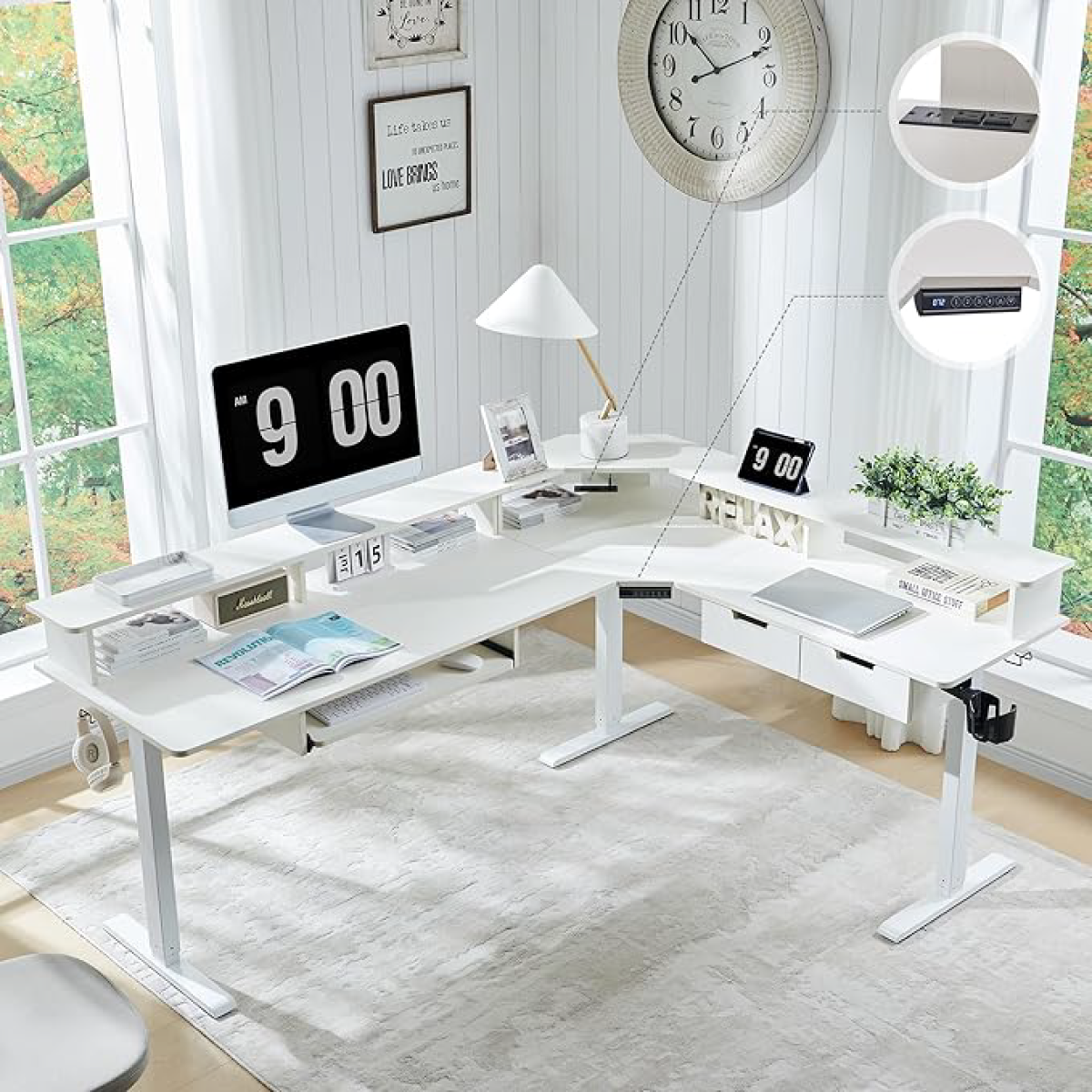 L Shaped Standing Desk, Corner Gaming Desk with Drawers, Power Outlets & LED Lights, Computer Desk with Monitor Shelf - Image 3