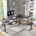 L Shaped Standing Desk, Corner Gaming Desk with Drawers, Power Outlets & LED Lights, Computer Desk with Monitor Shelf