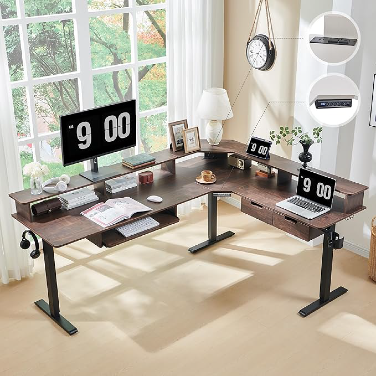 L Shaped Standing Desk, Corner Gaming Desk with Drawers, Power Outlets & LED Lights, Computer Desk with Monitor Shelf - Image 2