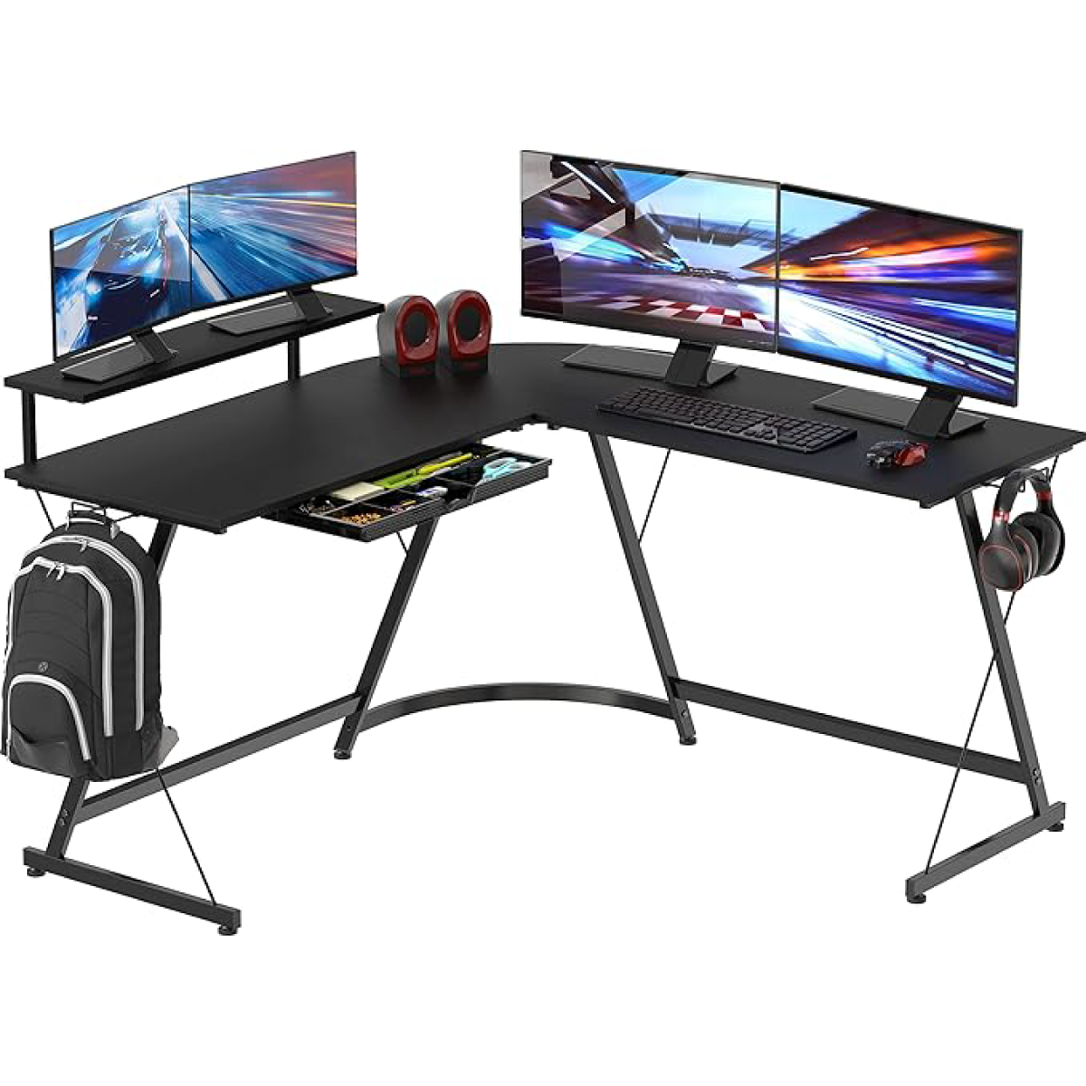 51 x 51 Inches Vista L-Shaped Desk with Monitor Stand and Drawer, Black - Image 6