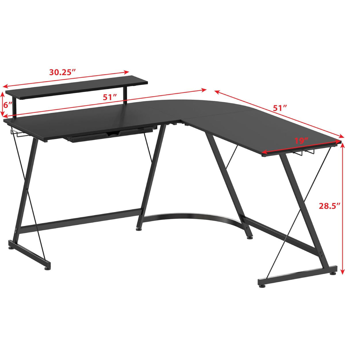 51 x 51 Inches Vista L-Shaped Desk with Monitor Stand and Drawer, Black - Image 5