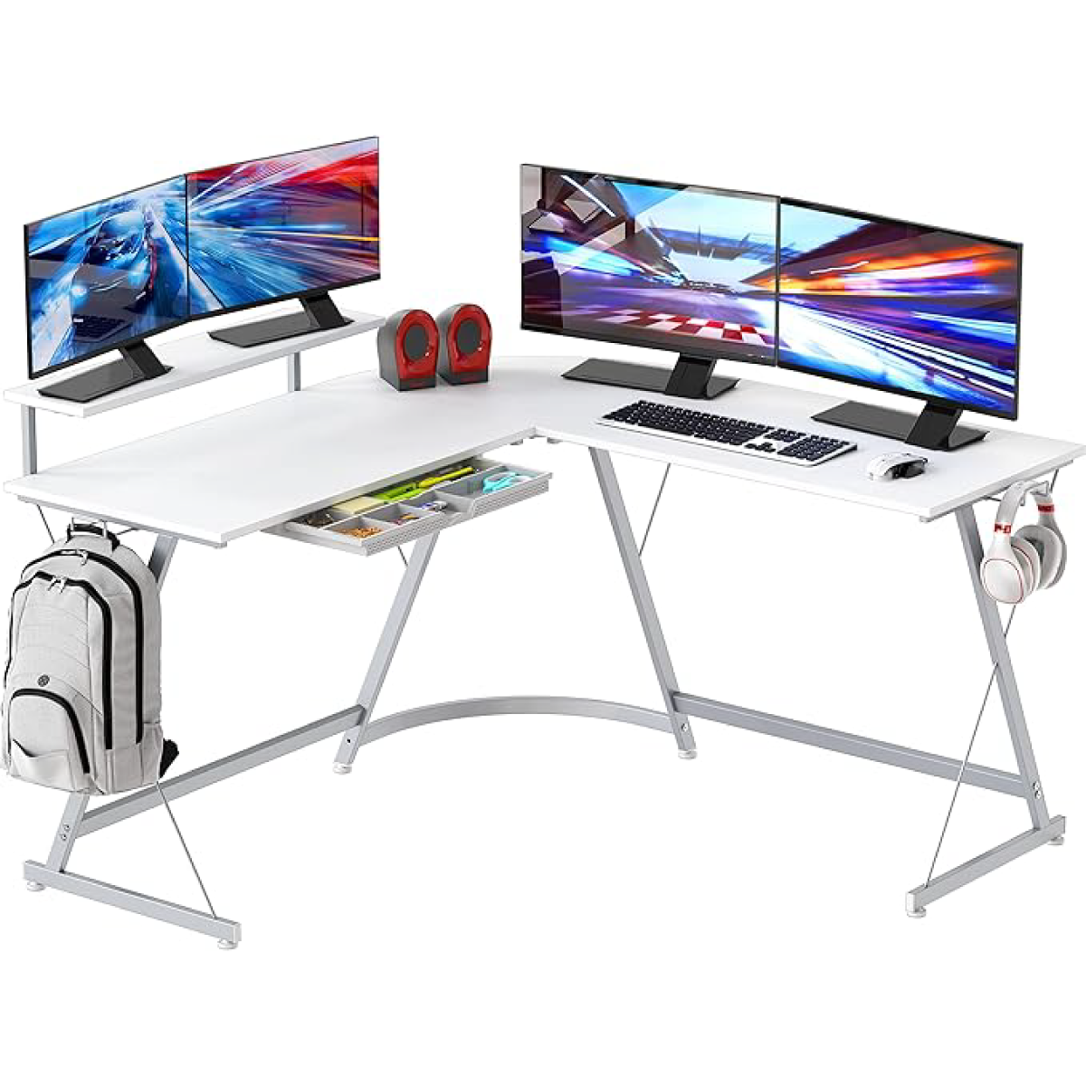 51 x 51 Inches Vista L-Shaped Desk with Monitor Stand and Drawer, Black - Image 3