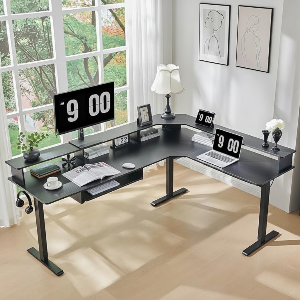 L Shaped Standing Desk, Corner Gaming Desk with Drawers & LED Lights, Computer Desk with Monitor Shelf - Image 6