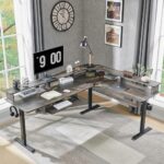 L Shaped Standing Desk, Corner Gaming Desk with Drawers & LED Lights, Computer Desk with Monitor Shelf