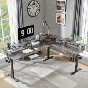 L Shaped Standing Desk, Corner Gaming Desk with Drawers & LED Lights, Computer Desk with Monitor Shelf