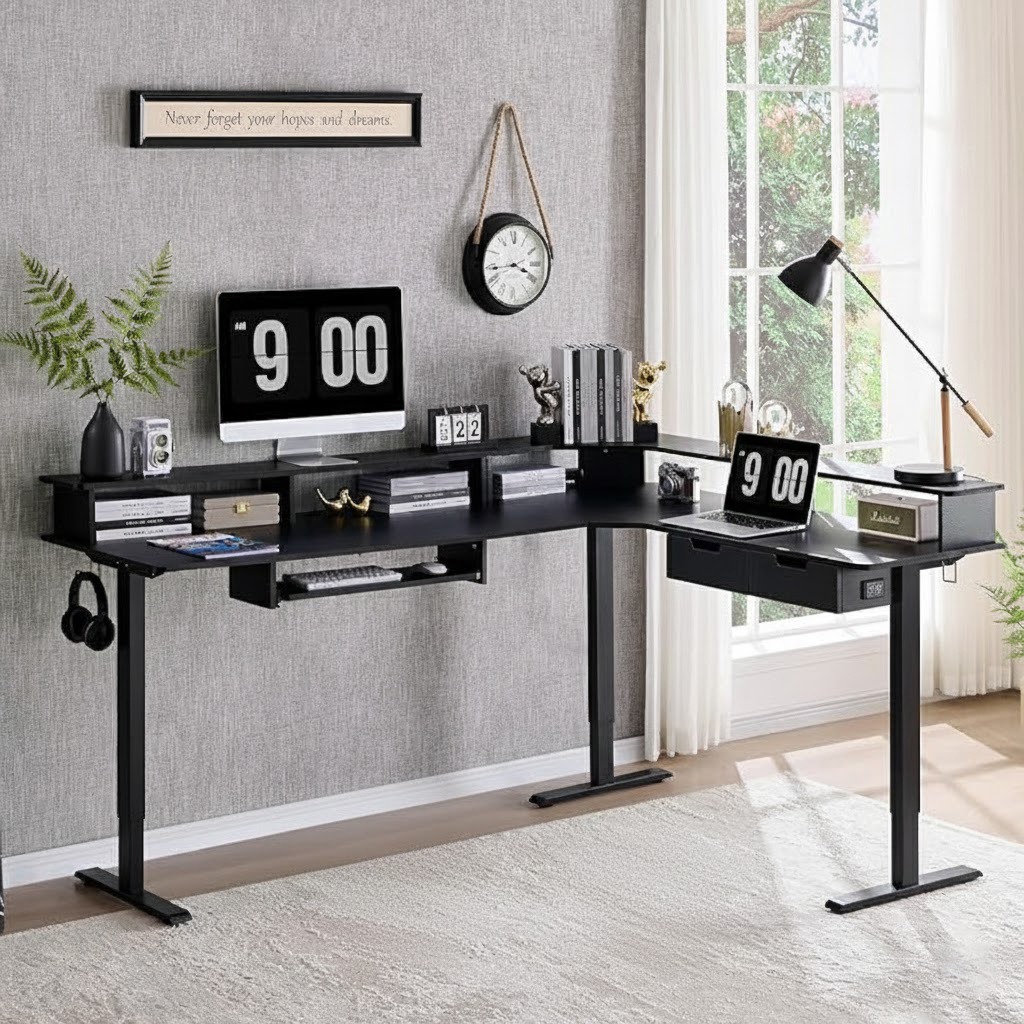 L Shaped Standing Desk, Corner Gaming Desk with Drawers & LED Lights, Computer Desk with Monitor Shelf - Image 5