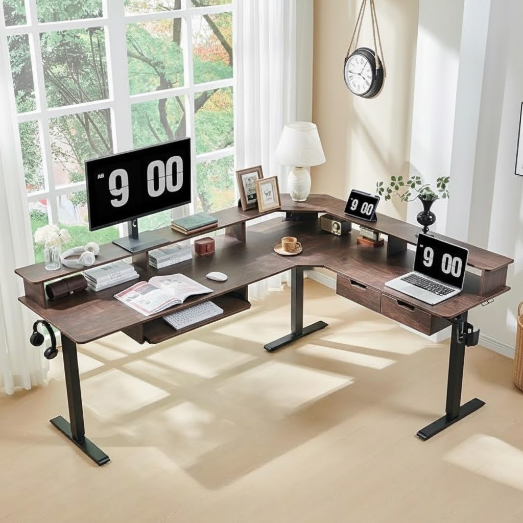 L Shaped Standing Desk, Corner Gaming Desk with Drawers & LED Lights, Computer Desk with Monitor Shelf - Image 3