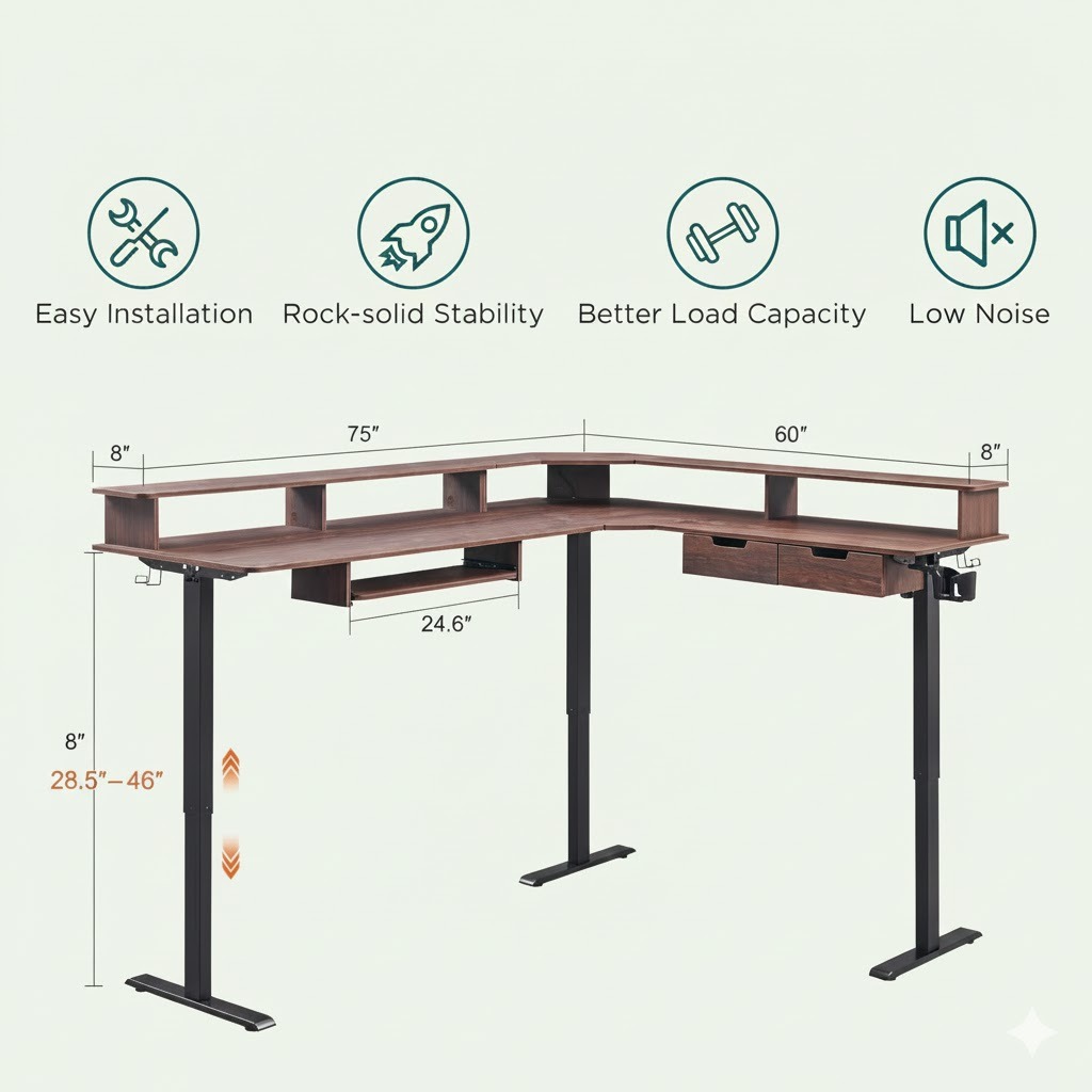 L Shaped Standing Desk, Corner Gaming Desk with Drawers & LED Lights, Computer Desk with Monitor Shelf - Image 2