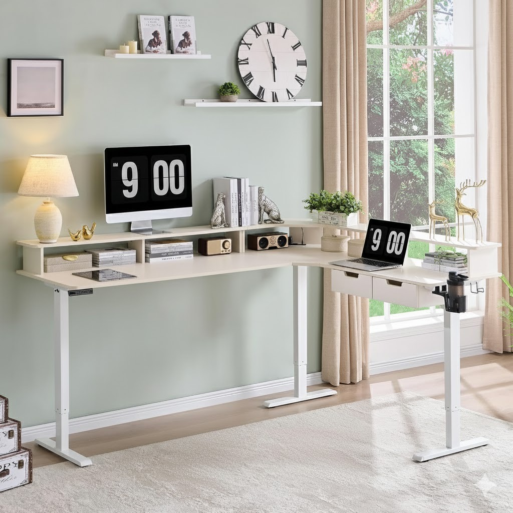 L Shaped Standing Desk, Corner Gaming Desk with Drawers & LED Lights, Computer Desk with Monitor Shelf - Image 7